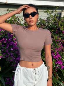 DAZY Áo thun nữ Cắt ra Gân đan màu trơn Giải trí - Bụi hồng - Xem 8