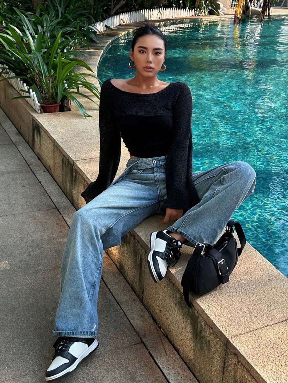 Solid Trumpet Sleeve Crop Top Sheer Long Sleeve Top