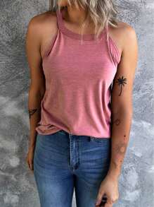 CILKOO Áo tank top cổ yếm trơn màu, kiểu dáng thường ngày, đa năng dành cho nữ. - Hồng - Xem 1