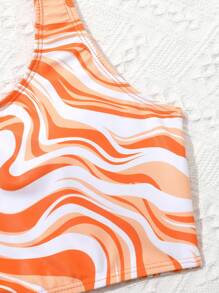 SHEIN Conjunto de bikini de patrón fluido con kimono de verano para niña preadolescente - Naranja - Ver 4