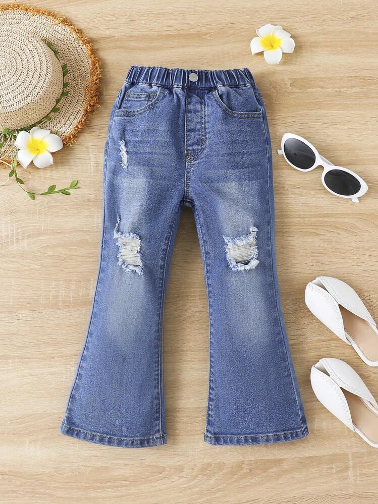 SHEIN Toddler Girls Ripped Flare Leg Jeans - Medium Wash - View 1