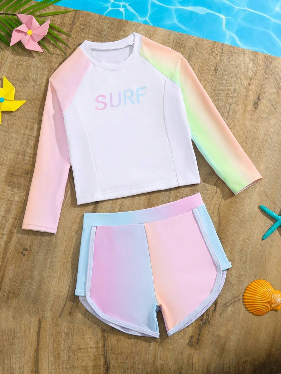 年轻女孩渐变色字母图案插肩袖比基尼夏季海滩装