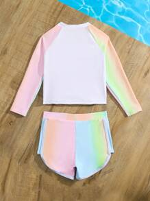 年轻女孩渐变色字母图案插肩袖比基尼夏季海滩装