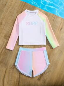 年轻女孩渐变色字母图案插肩袖比基尼夏季海滩装