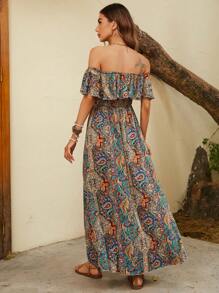 SHEIN VCAY 佩斯利印花一字肩荷葉邊高衩連衣裙 - 彩色 - 查看 2