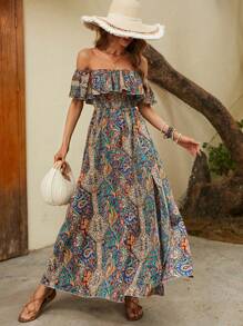 SHEIN VCAY 佩斯利印花一字肩荷葉邊高衩連衣裙 - 彩色 - 查看 3