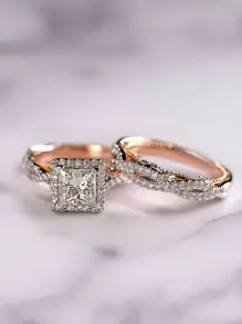 Vanel Bộ 3 nhẫn Zirconia vàng hồng và bạc, nhẫn đính hôn sang trọng dành cho phụ nữ Ngày lễ tình nhân, Mẹ, Mẹ, Ngày của Mẹ, Quà tặng - Hoa hồng vàng - Xem 4