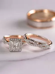 Vanel Bộ 3 nhẫn Zirconia vàng hồng và bạc, nhẫn đính hôn sang trọng dành cho phụ nữ Ngày lễ tình nhân, Mẹ, Mẹ, Ngày của Mẹ, Quà tặng - Hoa hồng vàng - Xem 5