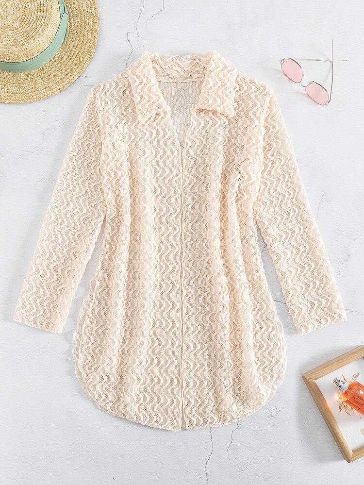 Solid Open Front Slit Side Kimono, For Summer Beach Vacation - Apricot - View 3