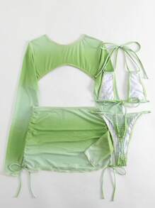 SHEIN Swim 渐变色吊带三角比基尼套装带罩衫套装，适合夏季海滩度假 - 綠色 - 查看 3