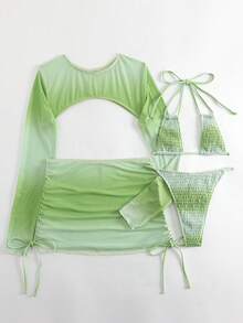 SHEIN Swim 渐变色吊带三角比基尼套装带罩衫套装，适合夏季海滩度假 - 綠色 - 查看 6