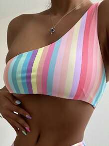 SHEIN Swim Summer Beach Striped One Shoulder Bikini Top - Multicolor - View 1