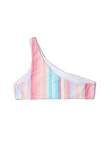 SHEIN Swim Summer Beach Striped One Shoulder Bikini Top - Multicolor - View 3