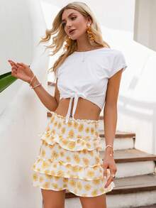 Simplee Allover Floral Print Ruffle Trim Shirred Skirt - Yellow - View 3