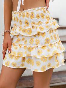 Simplee Allover Floral Print Ruffle Trim Shirred Skirt - Yellow - View 4