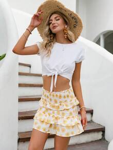 Simplee Allover Floral Print Ruffle Trim Shirred Skirt - Yellow - View 5