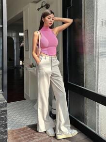 DAZY Women Suit Pants Nút Túi Dây kéo màu trơn - Màu Khaki - Xem 3