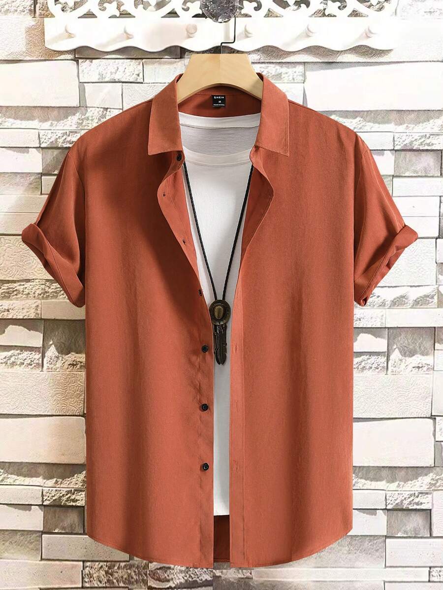 Manfinity Homme Hombres Camisa unicolor con botón sin camiseta - Naranja Quemada - Ver 1