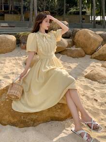 DAZY Nơ mặt trước Viền Ruffle Ống tay áo Đầm - Màu vàng - Xem 1