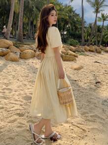 DAZY Nơ mặt trước Viền Ruffle Ống tay áo Đầm - Màu vàng - Xem 2