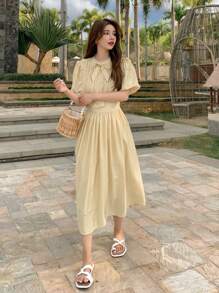 DAZY Nơ mặt trước Viền Ruffle Ống tay áo Đầm - Màu vàng - Xem 3