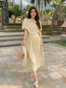 DAZY Nơ mặt trước Viền Ruffle Ống tay áo Đầm - Màu vàng - Xem 4