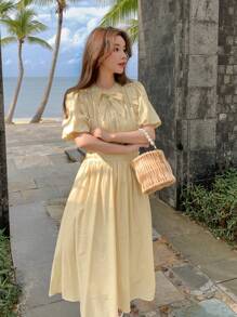 DAZY Nơ mặt trước Viền Ruffle Ống tay áo Đầm - Màu vàng - Xem 5