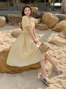 DAZY Nơ mặt trước Viền Ruffle Ống tay áo Đầm - Màu vàng - Xem 7