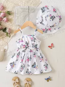 SHEIN Baby Girl Butterfly Print Cami Dress & Accessory Hat - White - View 1