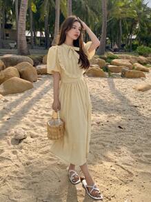 DAZY Nơ mặt trước Viền Ruffle Ống tay áo Đầm - Màu vàng - Xem 8