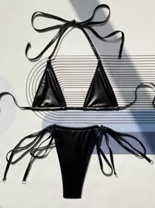 Swim SXY Summer Beach Tie Side Halter Micro Triangle Bikini Set - Black - View 4