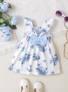 SHEIN Baby Girl Floral Print Ruffle Trim Bow Front Dress - White - View 1