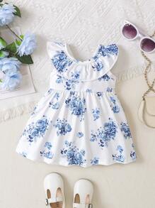SHEIN Baby Girl Floral Print Ruffle Trim Bow Front Dress - White - View 2