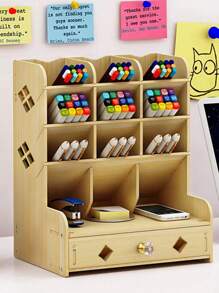 1入組木製文具收納盒，學生用簡約多格筆筒，辦公文具收納 - 彩色 - 查看 1