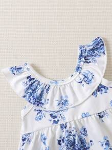 SHEIN Baby Girl Floral Print Ruffle Trim Bow Front Dress - White - View 3