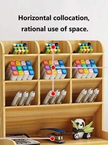 1入組木製文具收納盒，學生用簡約多格筆筒，辦公文具收納 - 彩色 - 查看 2