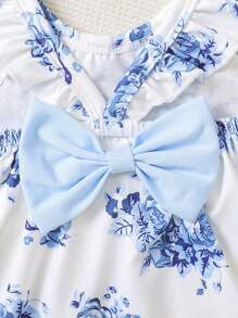 SHEIN Baby Girl Floral Print Ruffle Trim Bow Front Dress - White - View 4