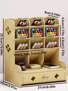 1入組木製文具收納盒，學生用簡約多格筆筒，辦公文具收納 - 彩色 - 查看 4