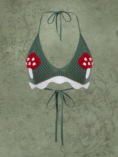 Top de punto con patrón de seta de espalda abierta con cordón halter