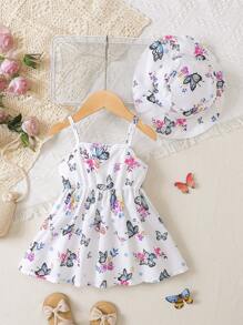 SHEIN Baby Girl Butterfly Print Cami Dress & Accessory Hat - White - View 2