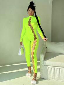 Neon Lime Cut Out Front Mock Neck Unitard Jumpsuit - Lime Green - View 1