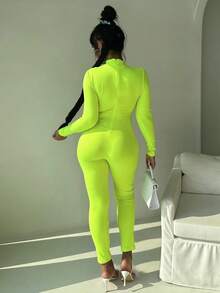 Neon Lime Cut Out Front Mock Neck Unitard Jumpsuit - Lime Green - View 2