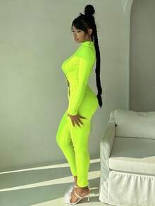 Neon Lime Cut Out Front Mock Neck Unitard Jumpsuit - Lime Green - View 3