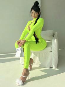 Neon Lime Cut Out Front Mock Neck Unitard Jumpsuit - Lime Green - View 4