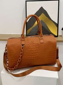 Crocodile Embossed Fashion Travel Bag Brown Chain Decor - Brown - View 2