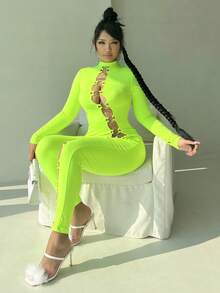 Neon Lime Cut Out Front Mock Neck Unitard Jumpsuit - Lime Green - View 5