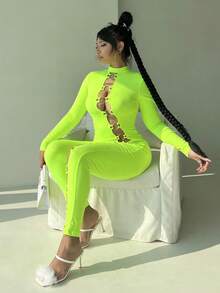 Neon Lime Cut Out Front Mock Neck Unitard Jumpsuit - Lime Green - View 6