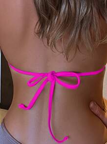 SHEIN Swim Summer Beach Halter Triangle Bikini Top - Hot Pink - View 2
