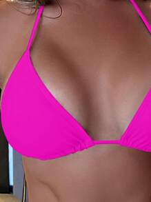 SHEIN Swim Summer Beach Halter Triangle Bikini Top - Hot Pink - View 4