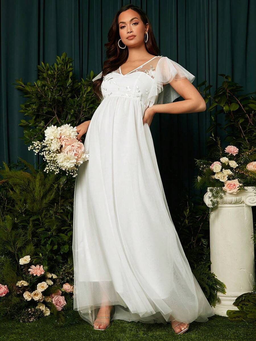 SHEIN 孕婦貼花蝴蝶袖網紗覆蓋連衣裙